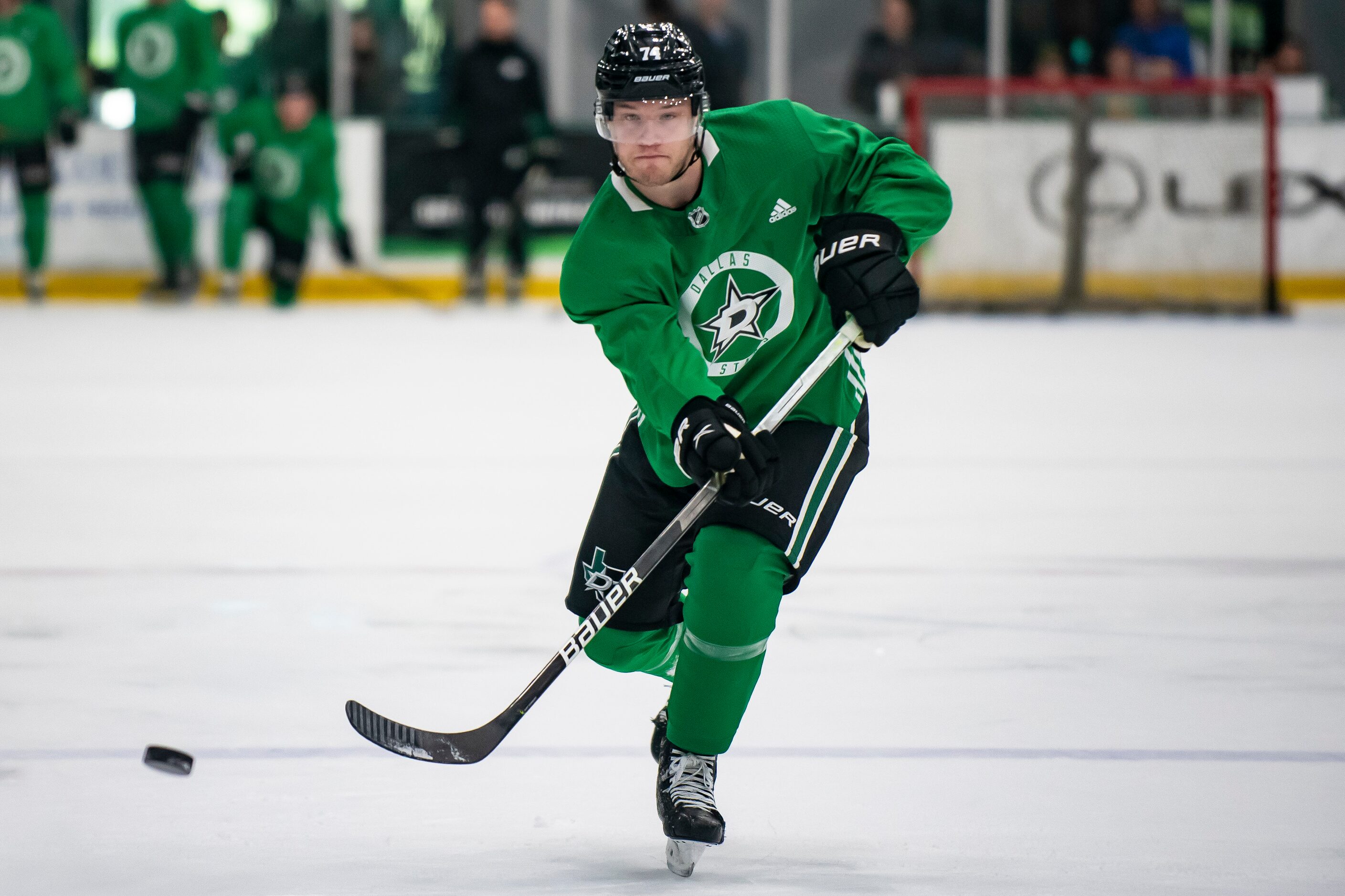 Forward Ryan Sandelin (74) fires a shot at the goal while going through a drill during the...