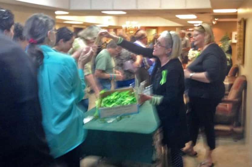 
Kathleen Lynch handed out green ribbons Tuesday to those against the proposed restaurant on...