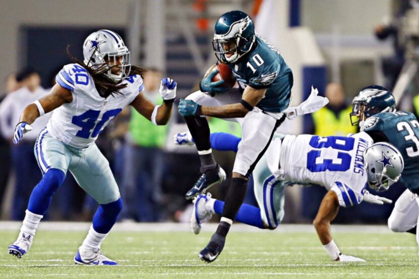 Philadelphia Eagles wide receiver DeSean Jackson (10) leaps over Dallas Cowboys wide...