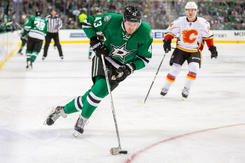 Dallas Stars right wing Valeri Nichushkin (43) brings the puck up the ice during the first...