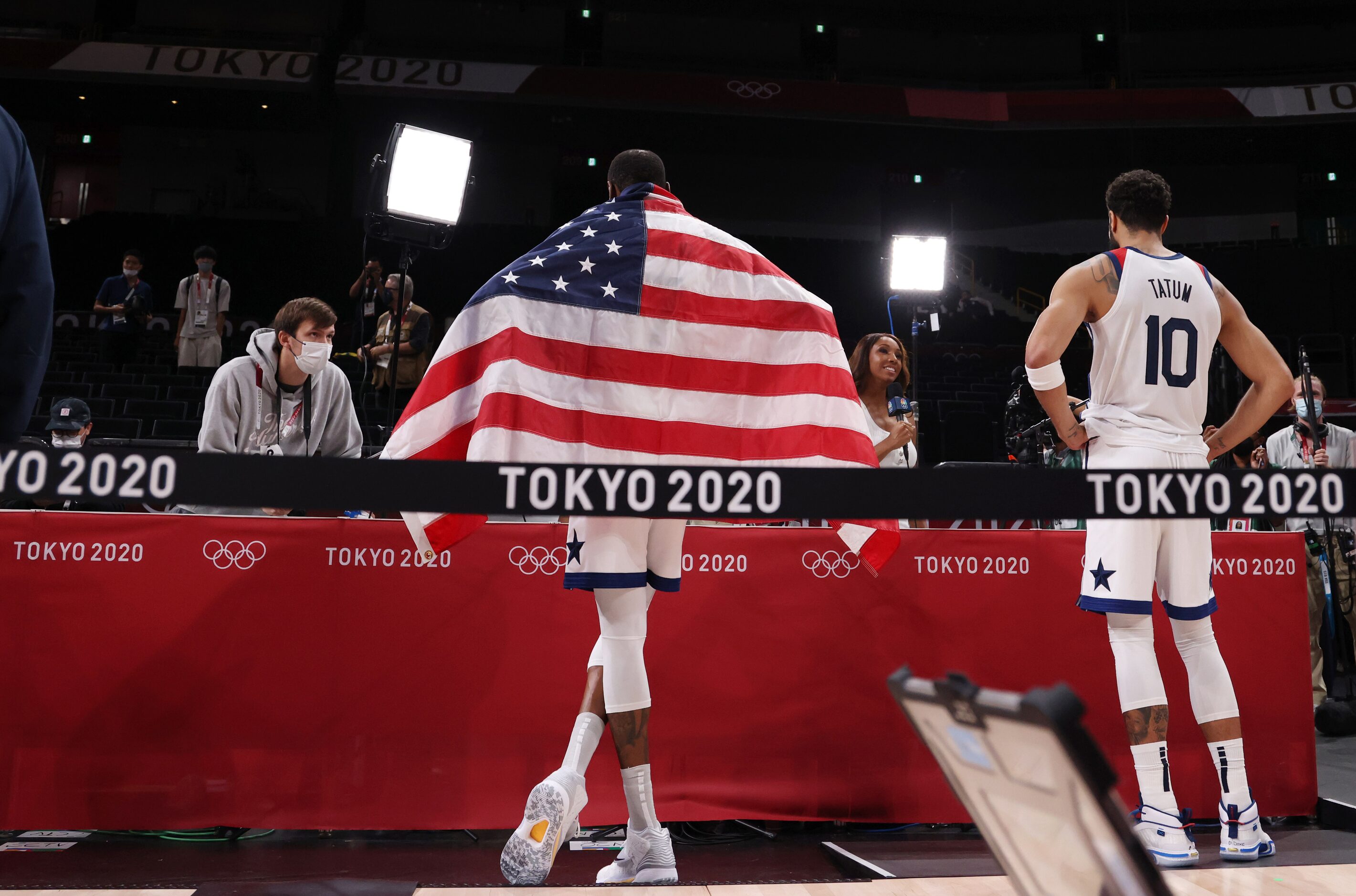 USA’s Kevin Durant (7) and Jayson Tatum answer questions during interviews after they...