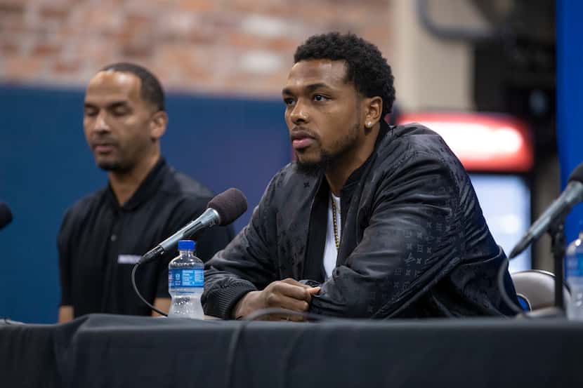 Dallas Mavericks forward Sterling Brown speaks during a press conference in Dallas, Friday,...