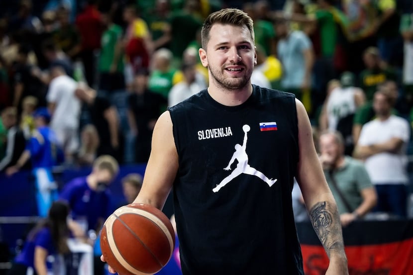 Luka Doncic warms up in Jordan Brand gear for Slovenia's EuroBasket game vs. Germany on...