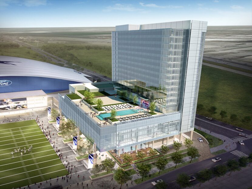 A view from the west of the new Omni Frisco Hotel next to the Ford Center at The Star, the...