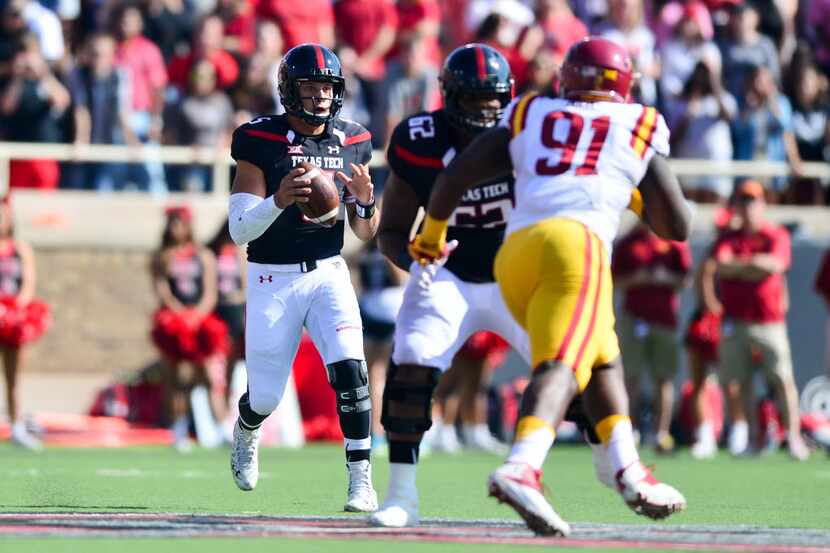 LUBBOCK, TX - OCTOBER 10: Patrick Mahomes #5 of the Texas Tech Red Raiders looks to pass...