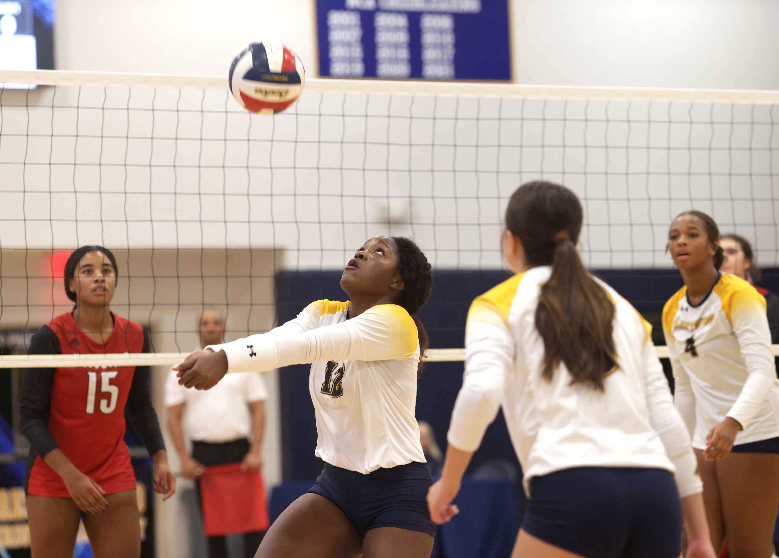 Prestonwood player #12 Taylor Cook sets the ball during the Ursuline Academy of Dallas...