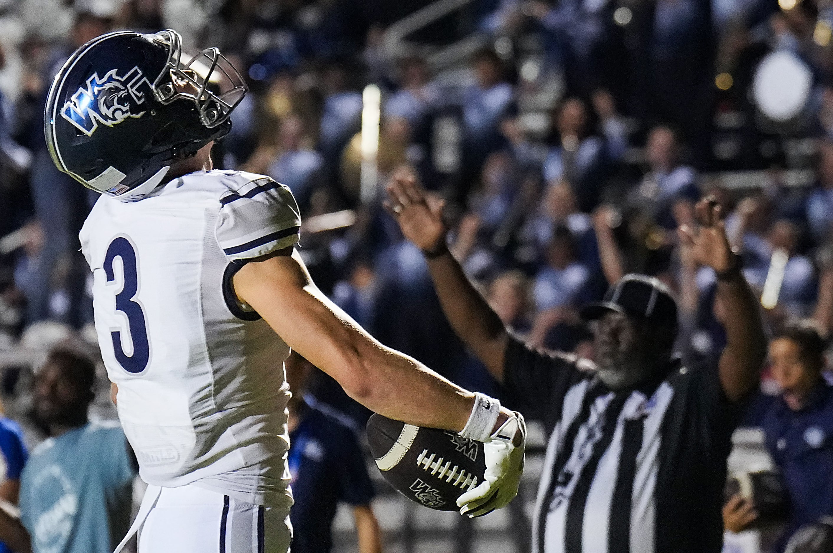 Prosper Walnut Grove wide receiver Luke Watkins (3) celebrates after catching a pass for a...