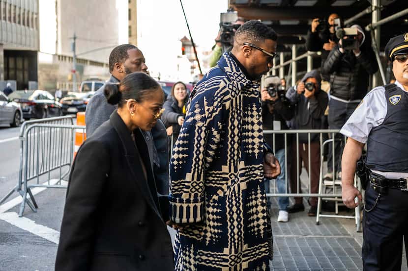 Actor Jonathan Majors and Meagan Good arrive at Criminal Court on Monday, April 8, 2024 in...