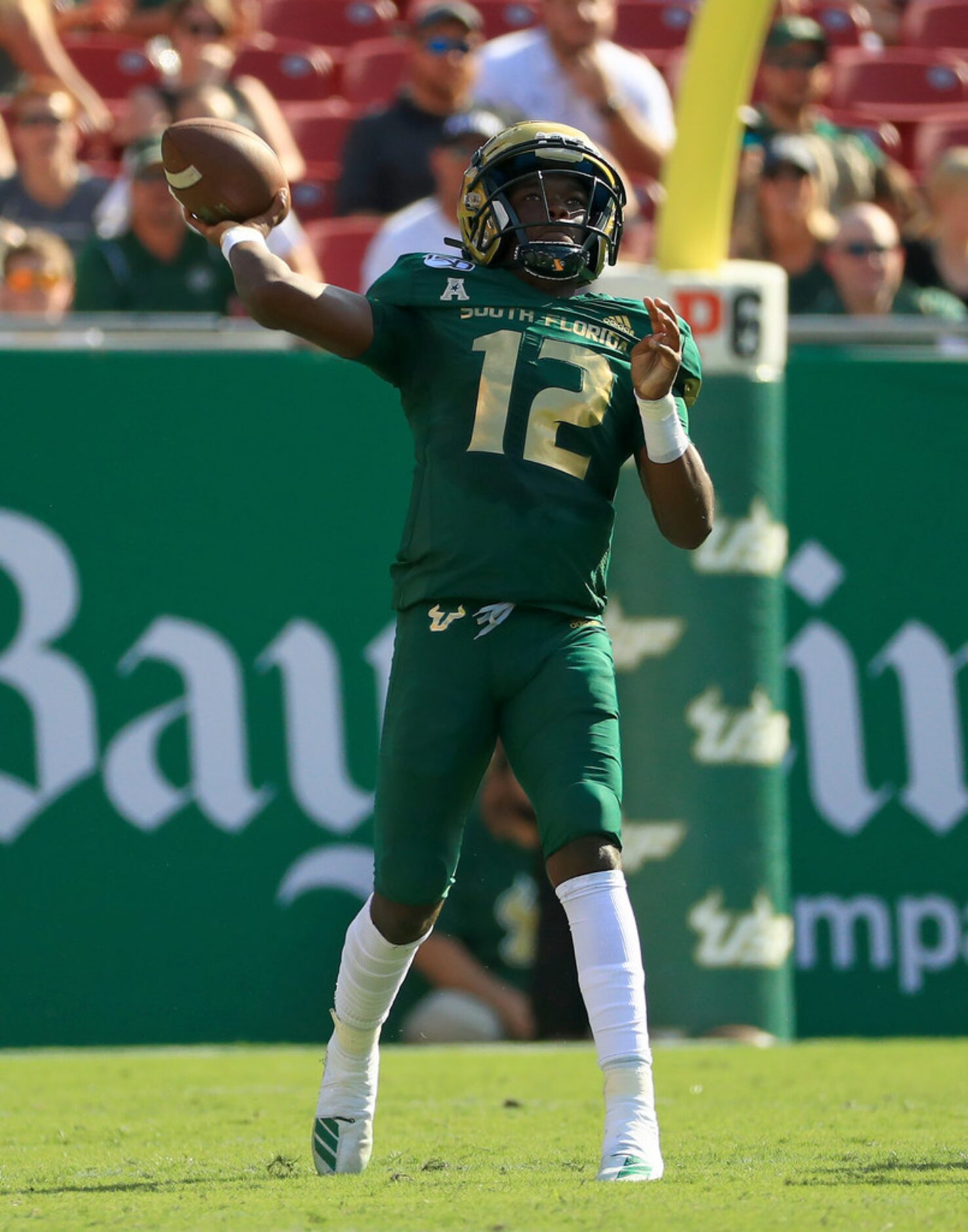 TAMPA, FLORIDA - SEPTEMBER 28:  Jordan McCloud #12 of the South Florida Bulls passes during...