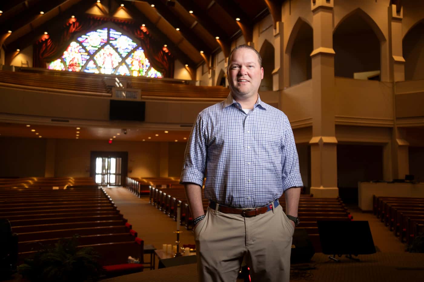 Co-pastor Todd Renner poses for a photo in the sanctuary  at White’s Chapel Church on...