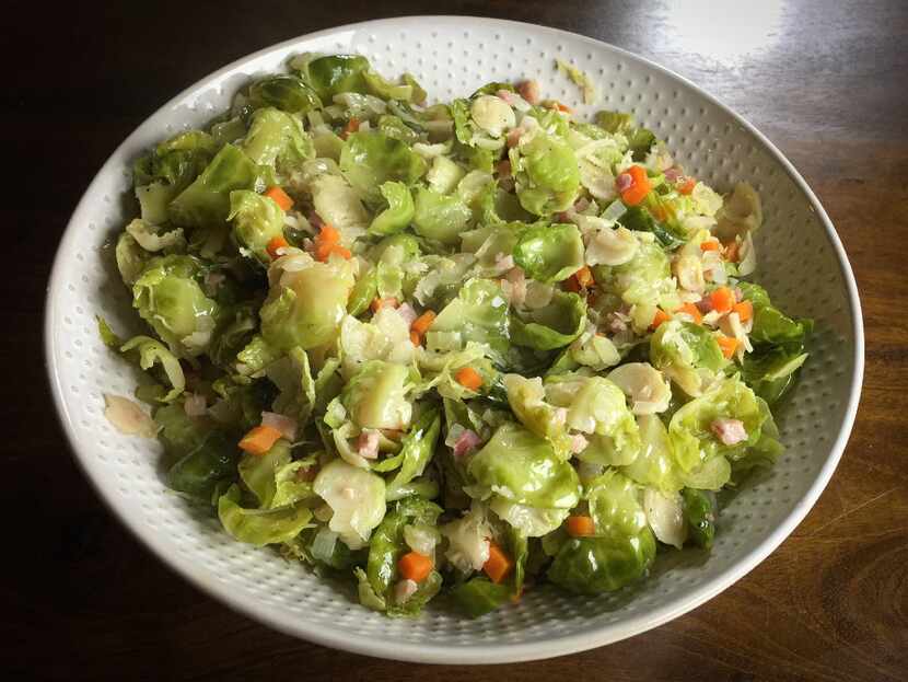Brussels sprouts leaves with pancetta and mirepoix, from a recipe adapted from "Chez Panisse...