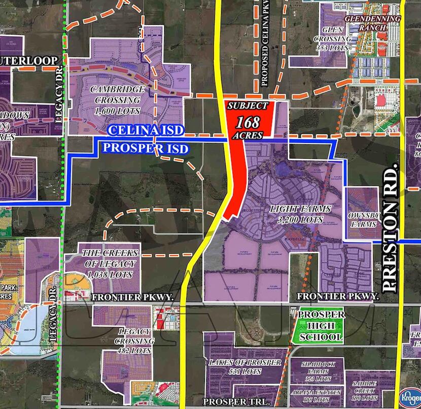 The development site, shown in red, is on the route of the Dallas North Tollway.