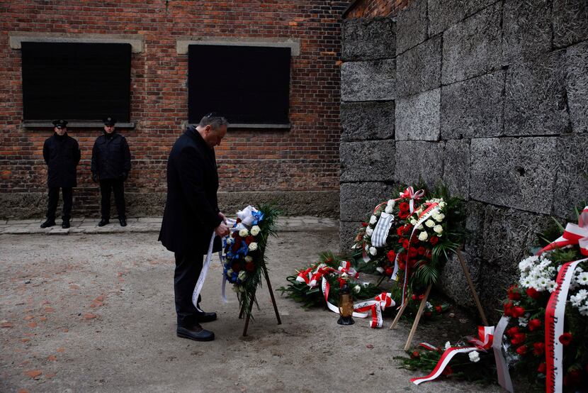 Second Gentleman Douglas Emhoff lays a wreath during his visit to the former Nazi German...