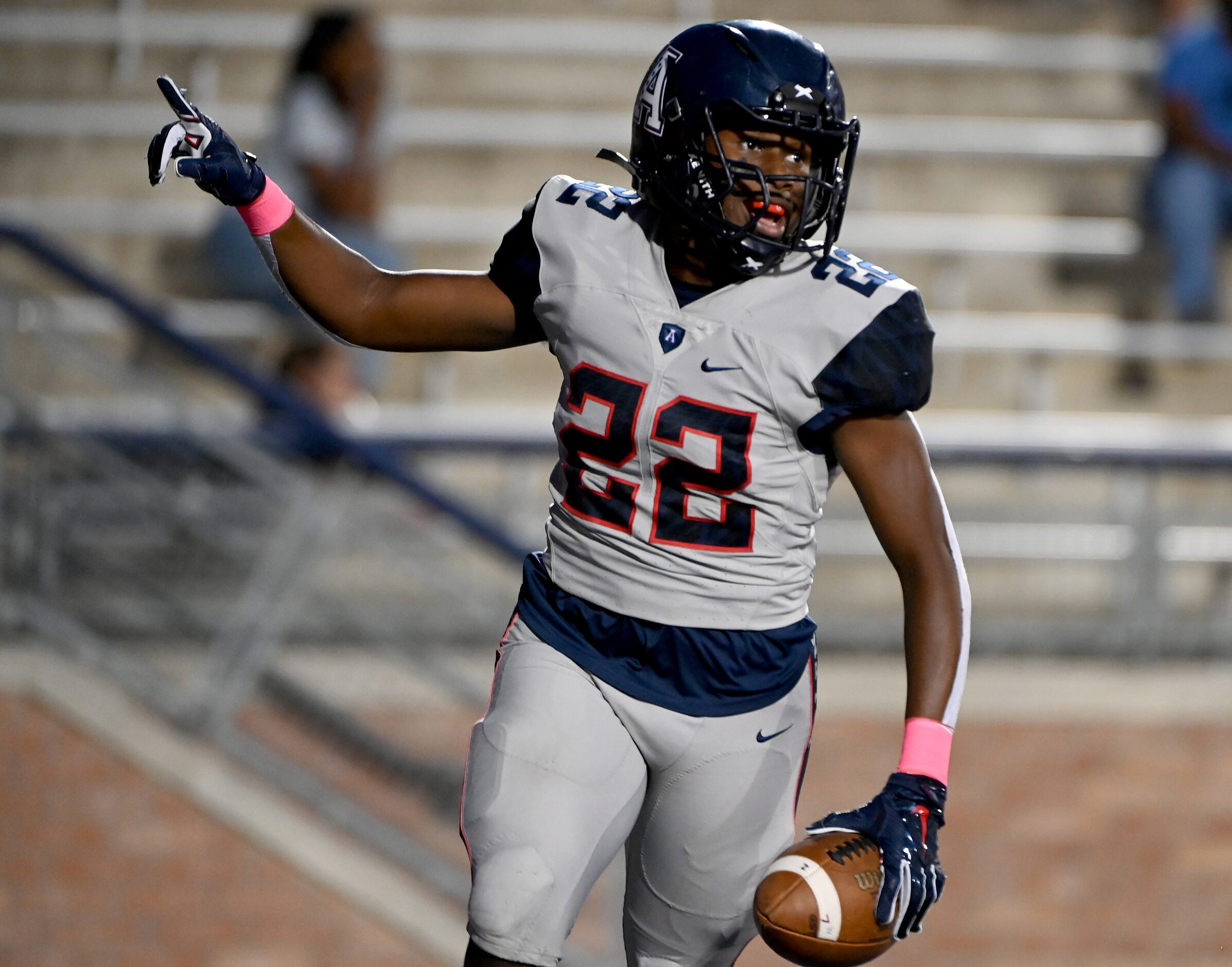 Allen’s Michael Momoh (22) celebrates after his fumble recovering in the first half of a...