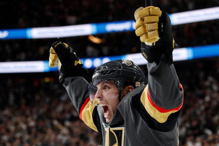 Vegas Golden Knights left wing David Perron celebrates his goal during the second period in...