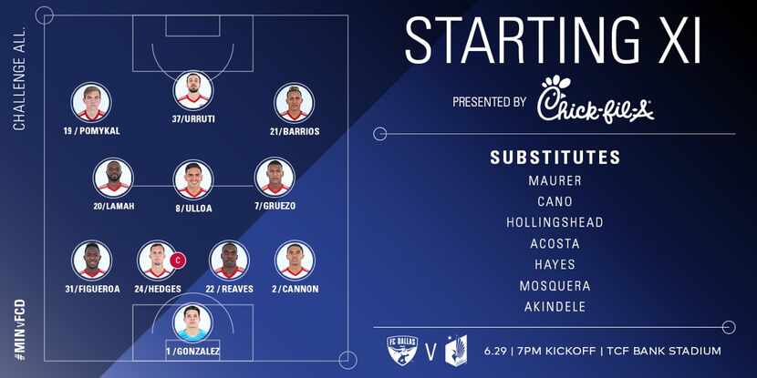 The starting XI as promoted by FC Dallas. (6-29-18)