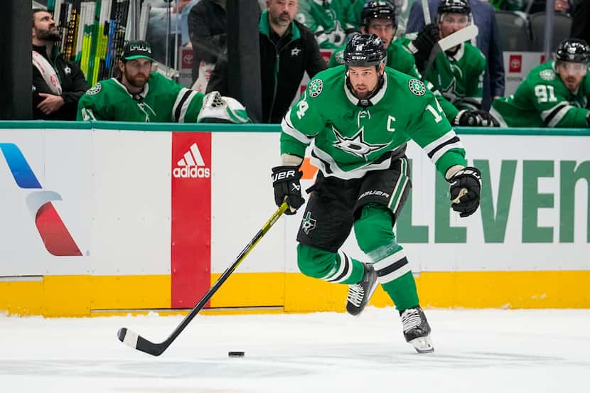 Dallas Stars left wing Jamie Benn skates against the Vegas Golden Knights during the first...