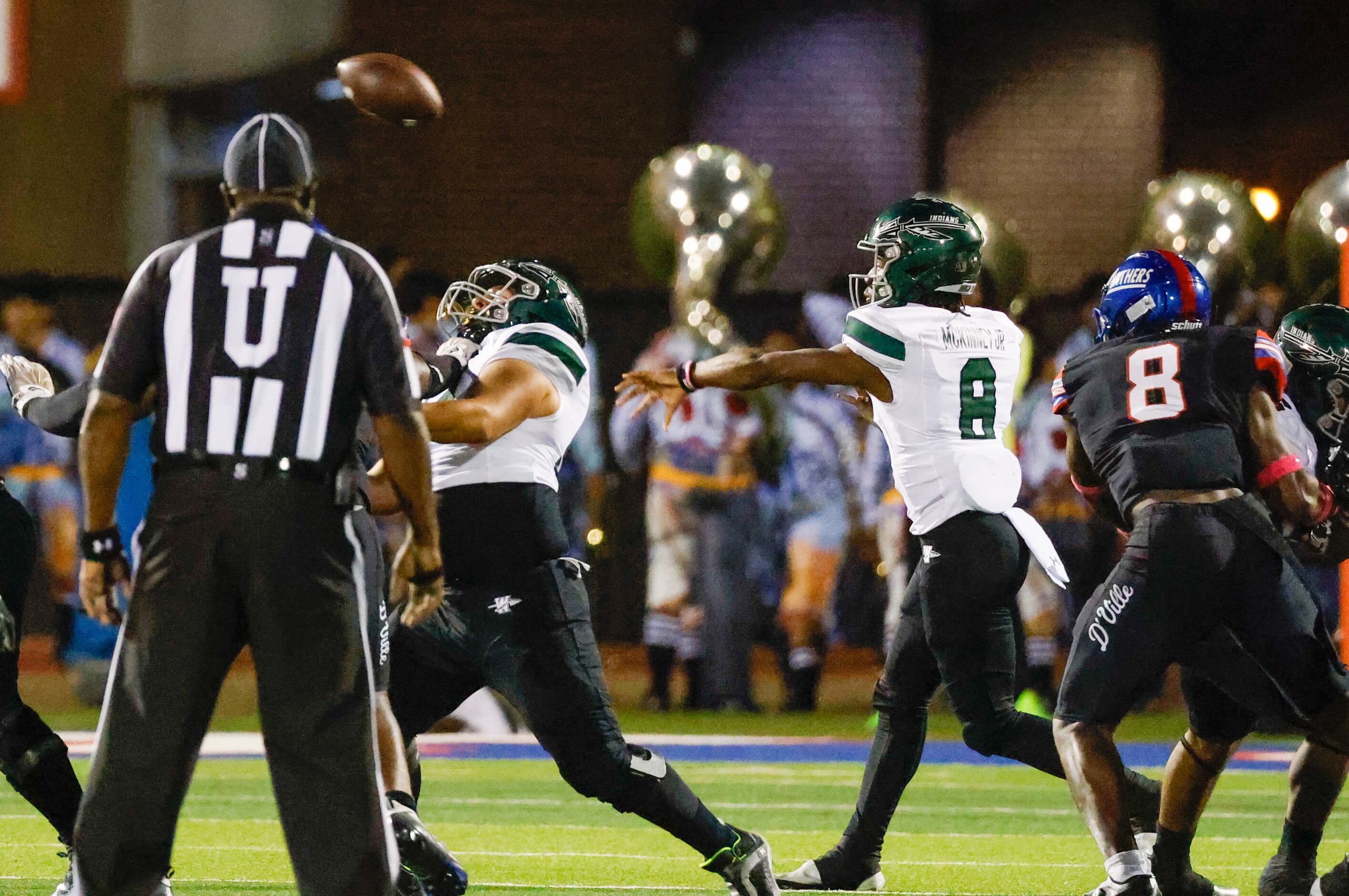 Waxahachie quarter back Ramon McKinney, Jr. (8) releases a pass in the first half of a game...