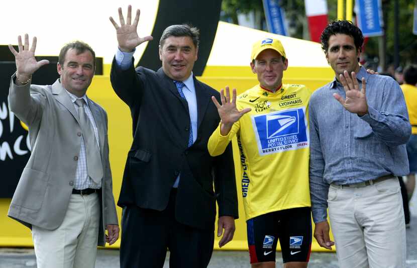 Five-time winners of the Tour de France (from left) Bernard Hinault of France, Eddie Merckx...