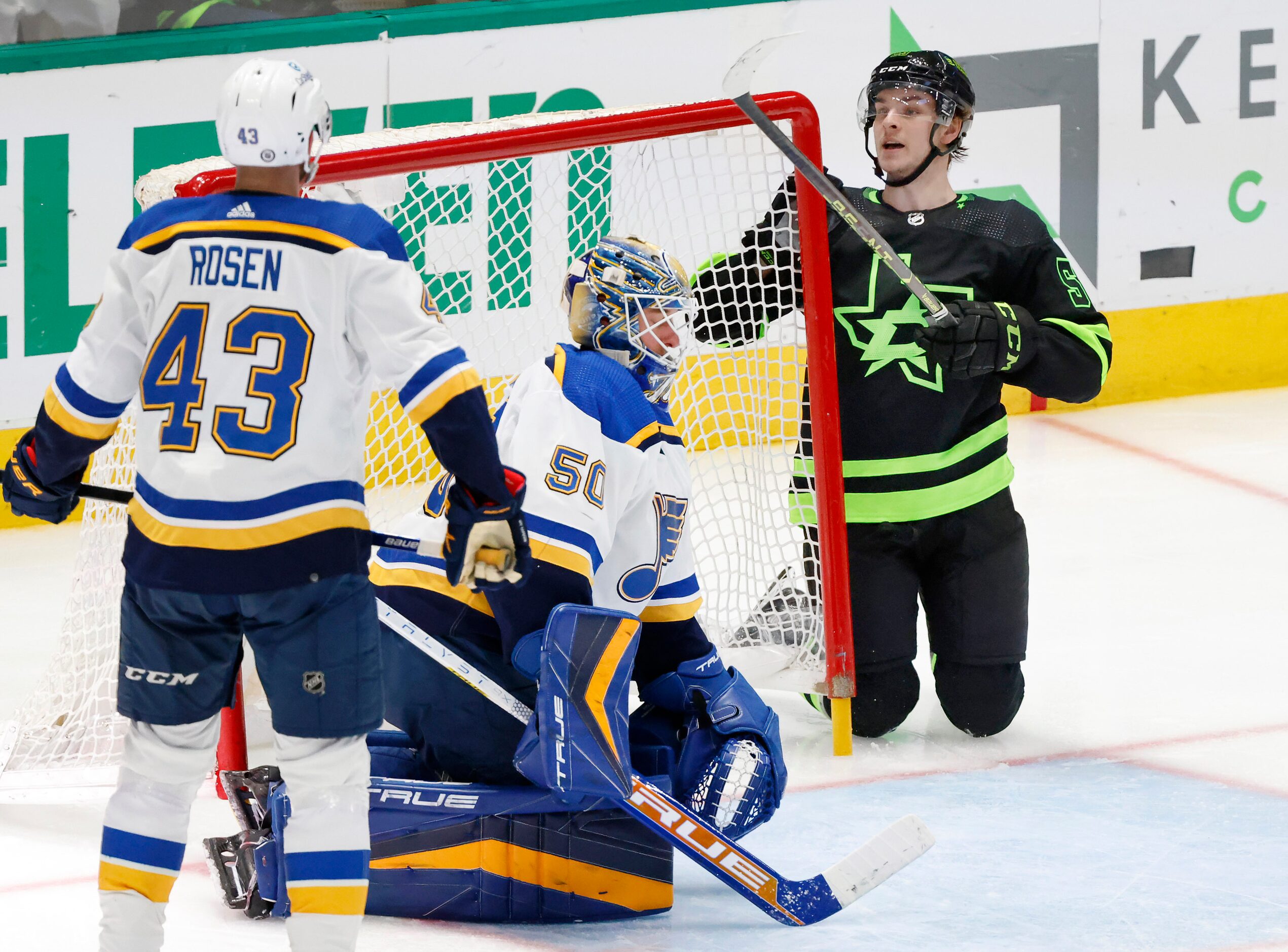 Dallas Stars center Wyatt Johnston (53) celebrates his third period goal against St. Louis...