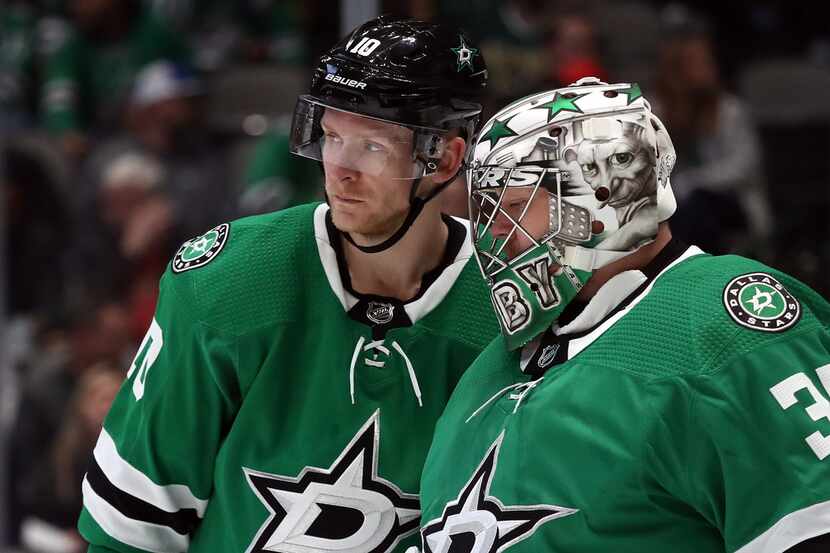 DALLAS, TEXAS - OCTOBER 29:  (L-R)  Corey Perry #10 of the Dallas Stars talks with Anton...