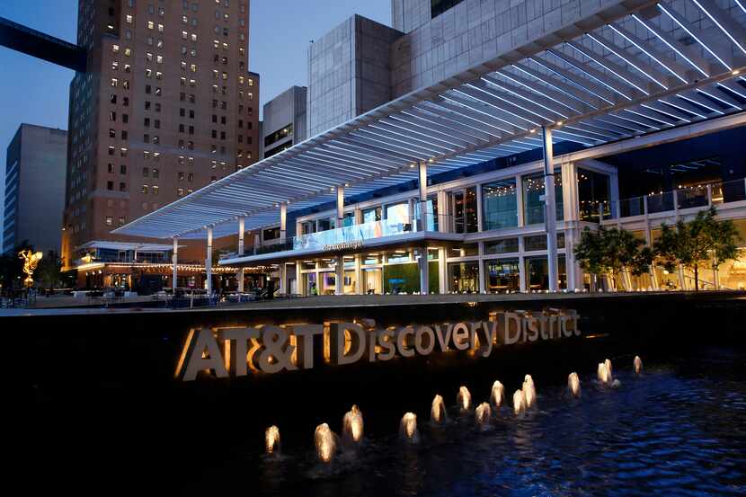 The new AT&T Discovery District is seen at dusk in downtown Dallas, Tuesday, April 20, 2021....
