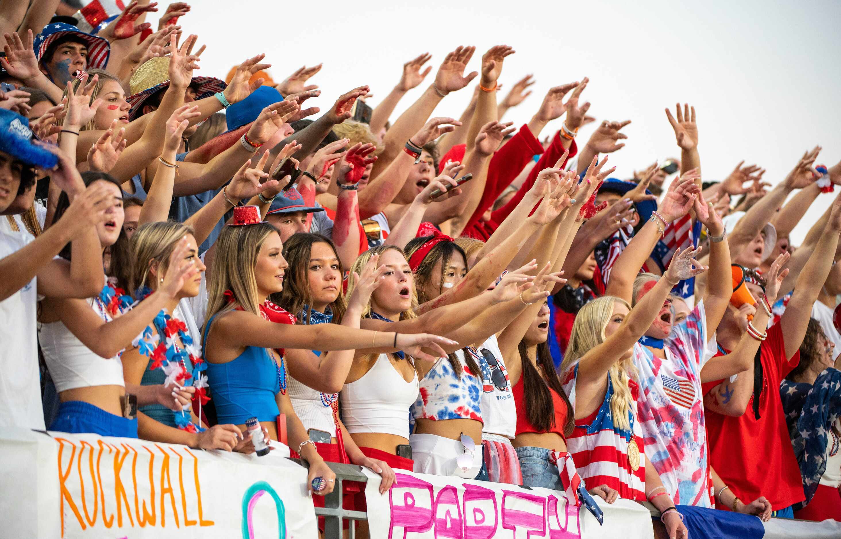 Rockwall students cheer in the first half during a high school football against Prosper,...