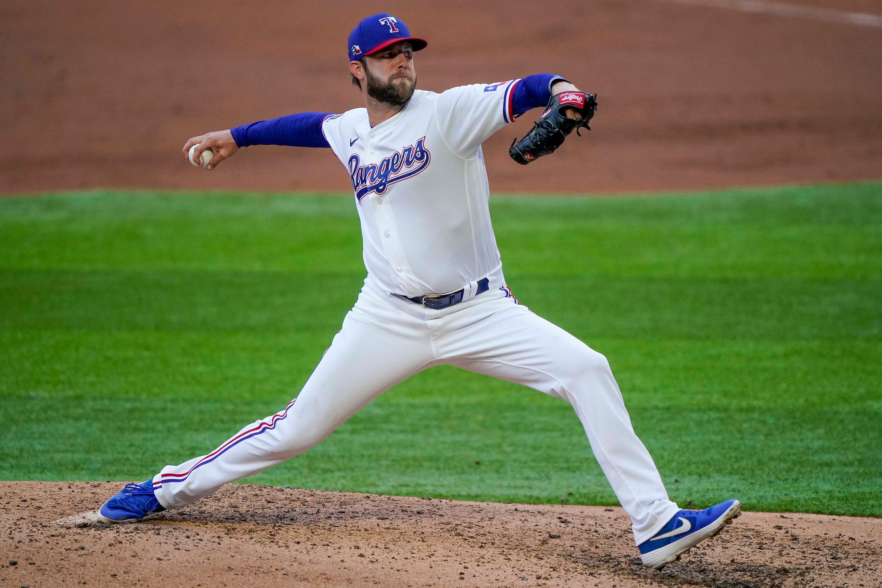 Jordan Lyles pitches in an intrasquad game during Texas Rangers Summer Camp at Globe Life...