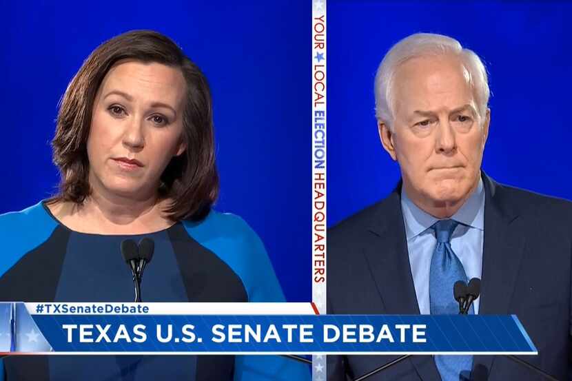 In this frame grab from video, incumbent Republican U.S. Sen. John Cornyn and Democratic...