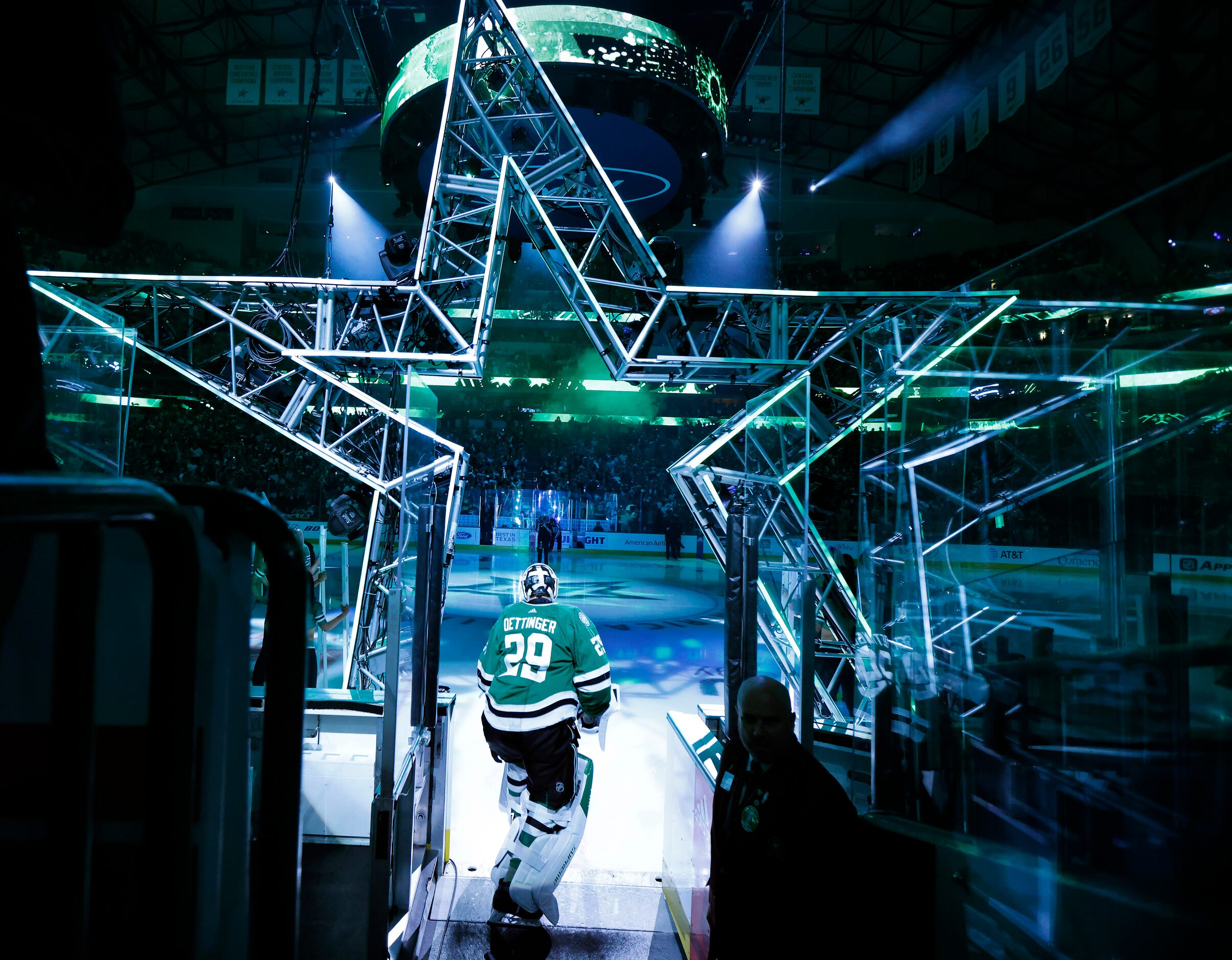 Dallas Stars goaltender Jake Oettinger (29) takes the ice to face the Minnesota Wild in Game...