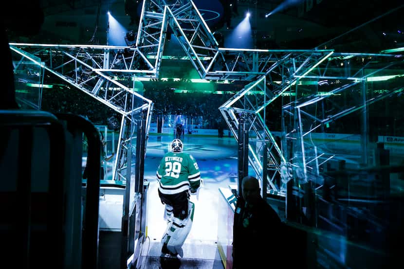 Dallas Stars goaltender Jake Oettinger (29) takes the ice to face the Minnesota Wild in Game...