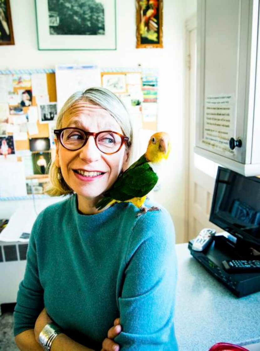 
The cartoonist Roz Chast in her kitchen with her caique, Jacky, one of two resident...