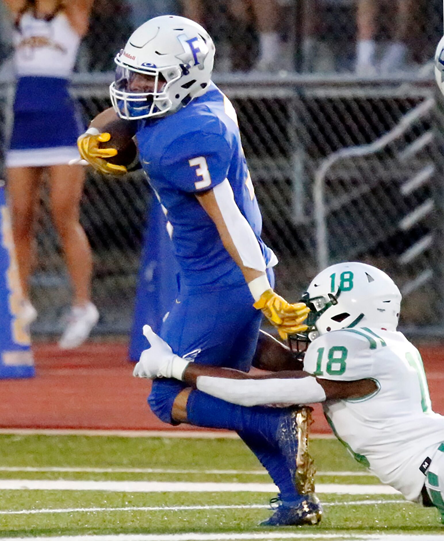 Frisco High School running back Dylan Hardin (3) breaks free from Lake Dallas High School...