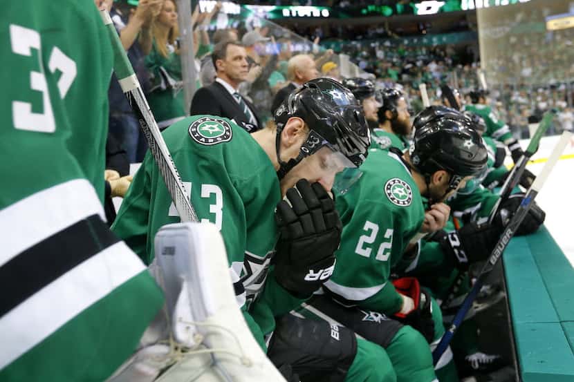FILE - Stars right wing Valeri Nichushkin (43) is pictured on the bench as the final seconds...