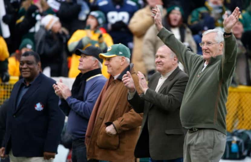 Former Packers Dave Robinson, Donny Anderson, Chuck Mercein, Jerry Kramer and Boyd Dowler,...