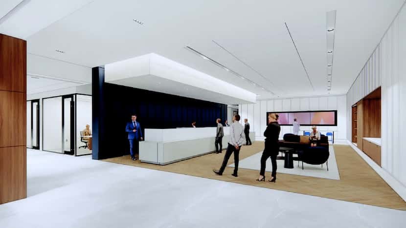 A rendering shows tellers at work in the updated North Dallas Bank tower.