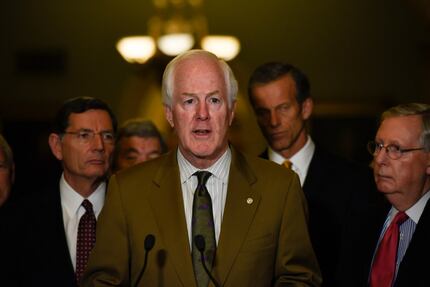 Senate Majority Whip John Cornyn of Texas spoke to the media after the Republican policy...