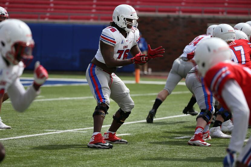 Southern Methodist Mustangs offensive lineman Levon Livingston (76) lines up during Southern...