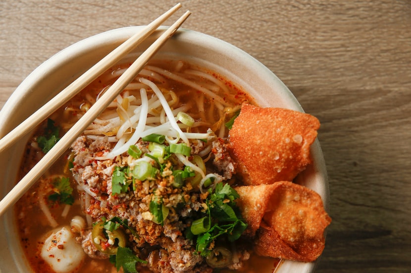 Tom Yum Moo Sub, spicy noodle soup, at Ka-Tip Thai Street Food in Dallas. 