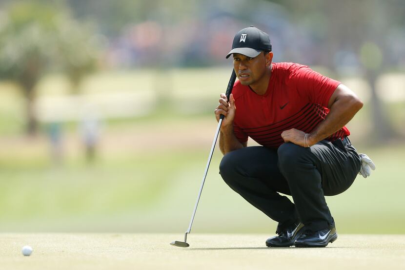 PALM HARBOR, FL - MARCH 11:  Tiger Woods looks over a putt on the second green during the...