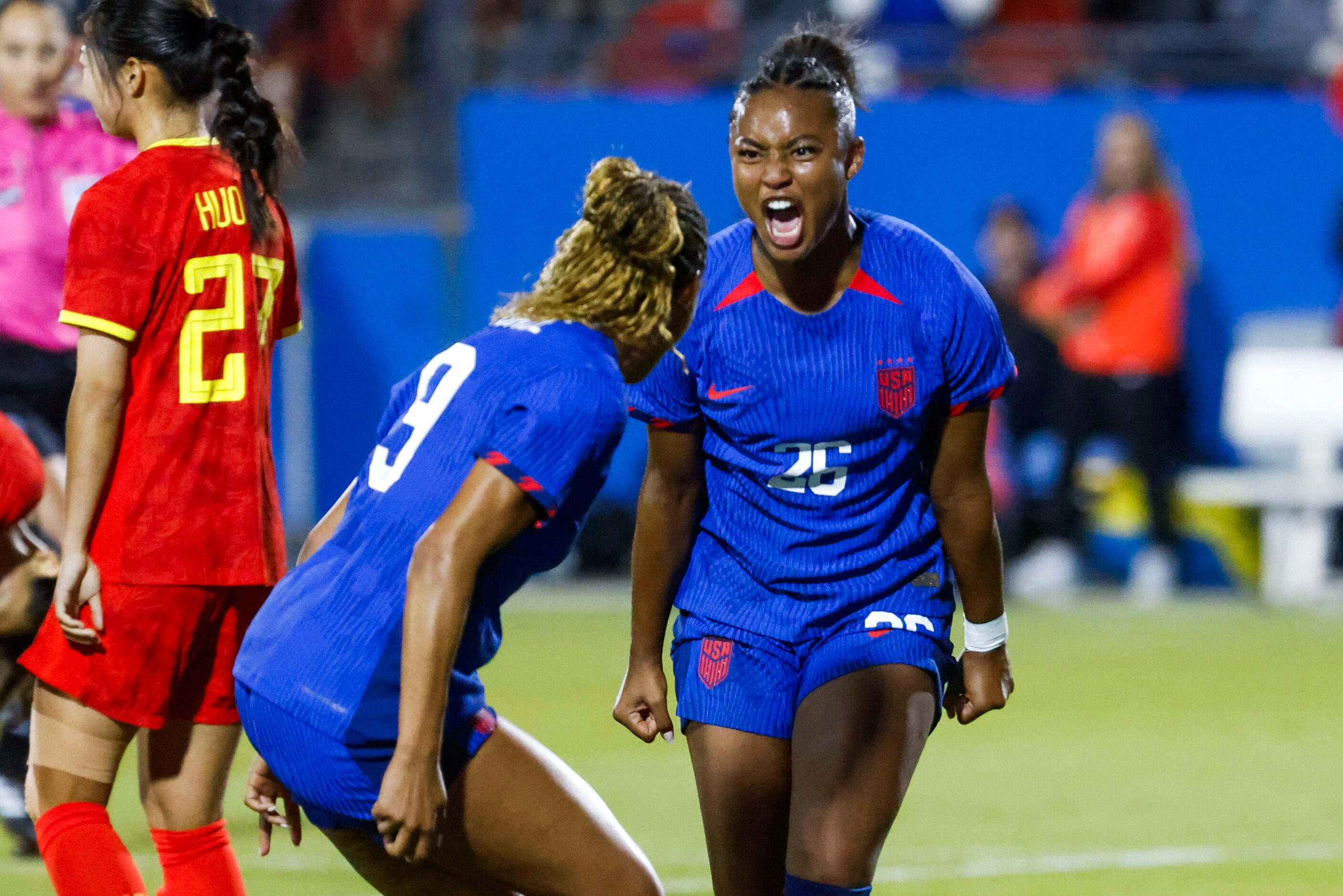 Untied State’s Jaedyn Shaw (26) celebrates her first international goal during the second...