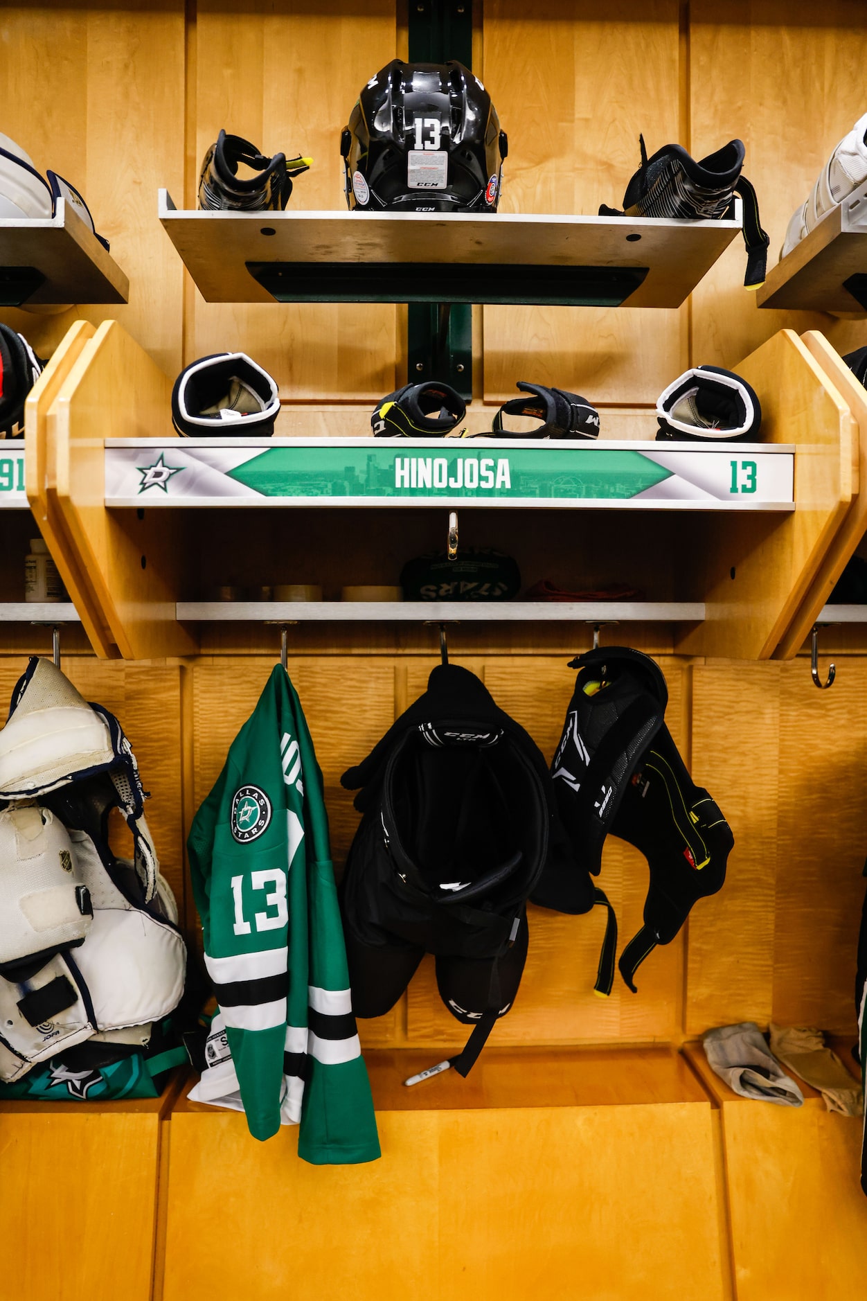 Max Hinojosa' assigned locker in the locker room of the Dallas Stars at the American...