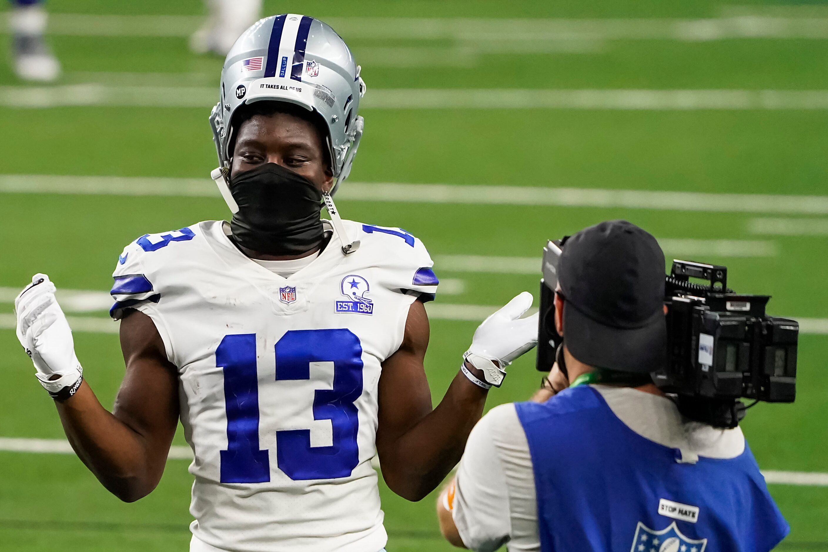 Dallas Cowboys wide receiver Michael Gallup (13) celebrates after a win over the...