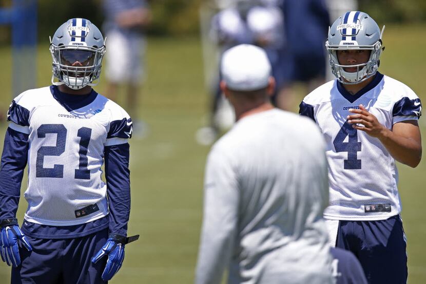 Cowboys rookie running back Ezekiel Elliott (21) and quarterback Dak Prescott (4) watches...