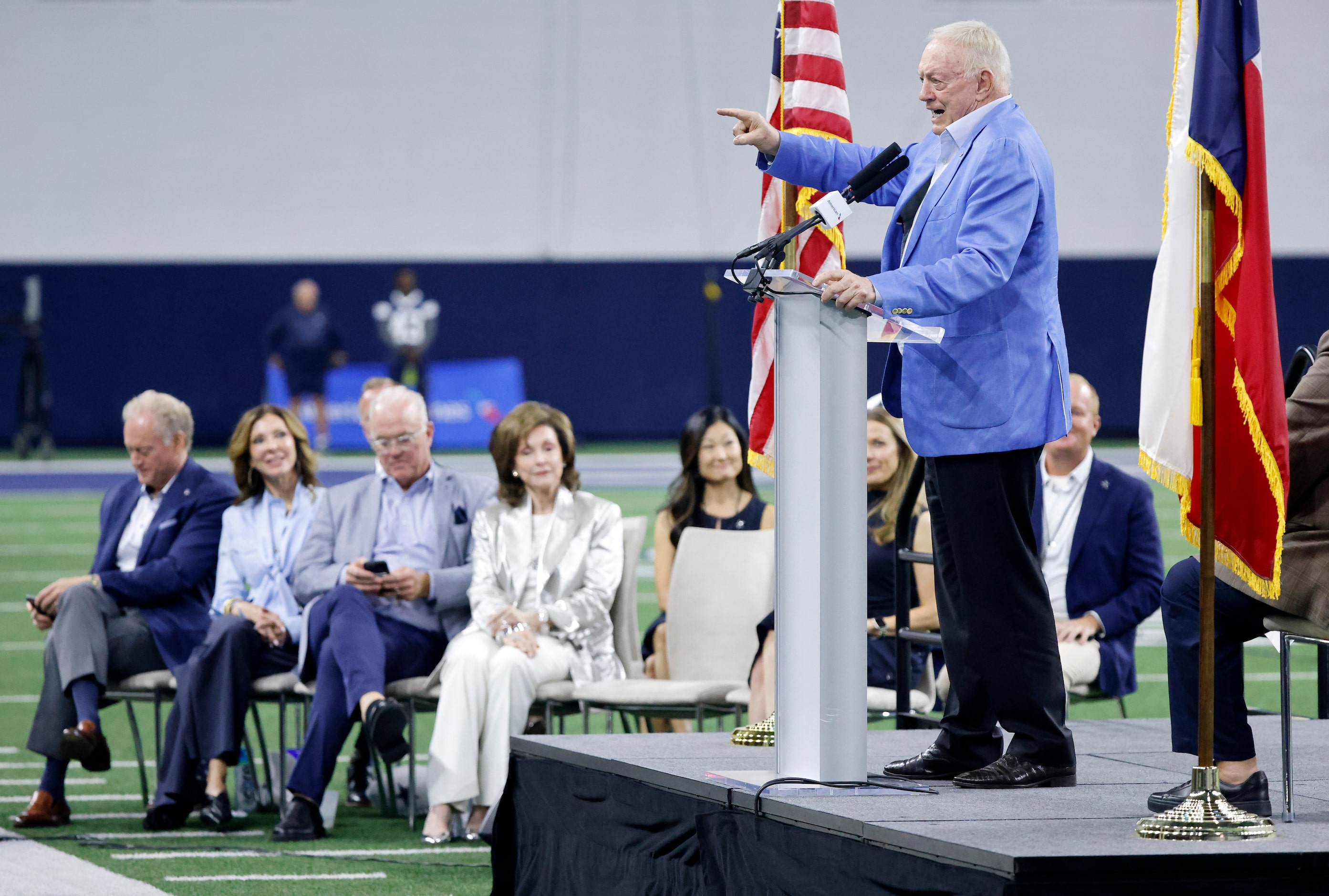 Before his family, Dallas Cowboys owner Jerry Jones speaks to the fans gathered for the...