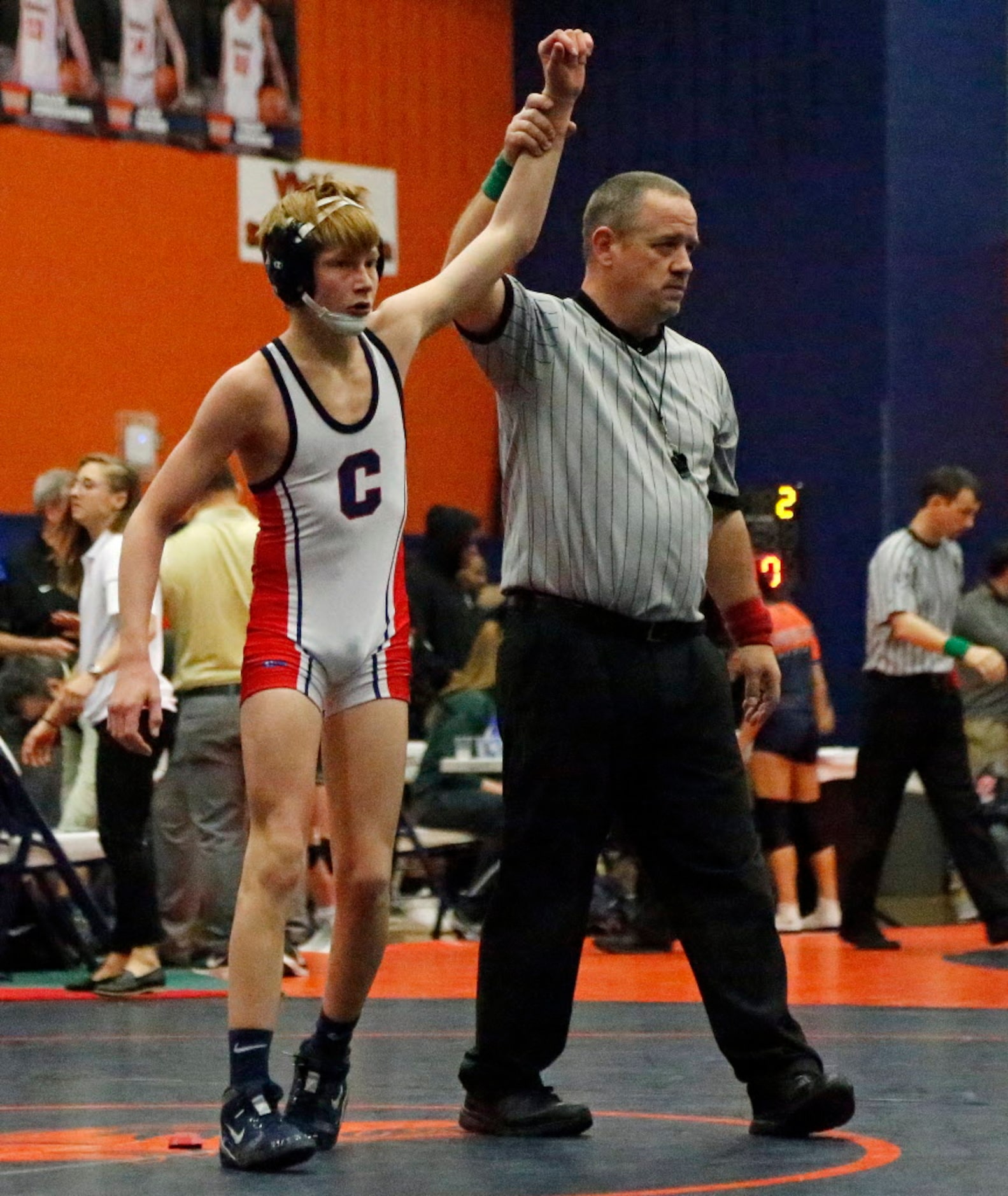 Tyten Volk of Frisco Centennial is declared the winner of the championship match in the 106...