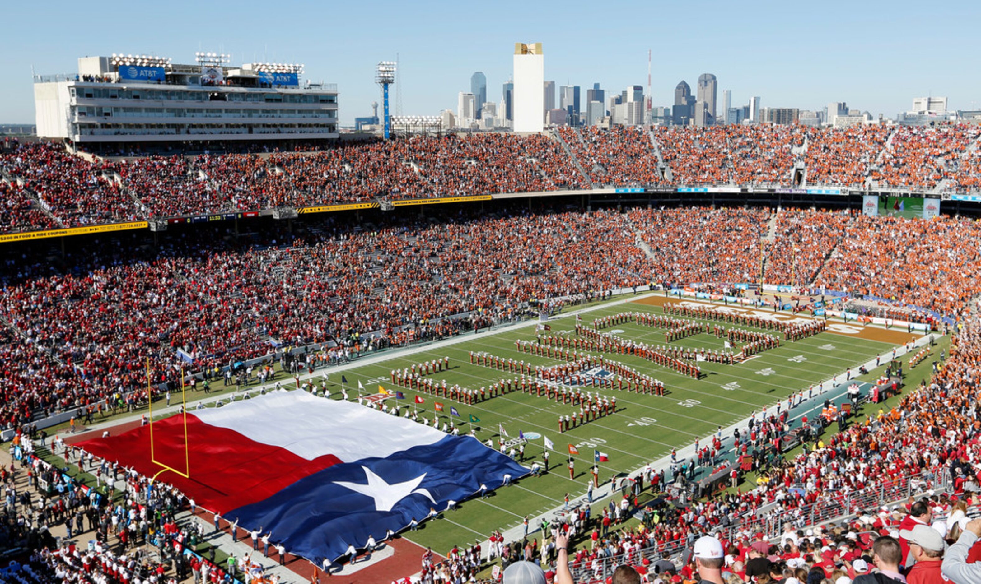 Texas Longhorns band performs before a game against the Oklahoma Sooners in the Red River...