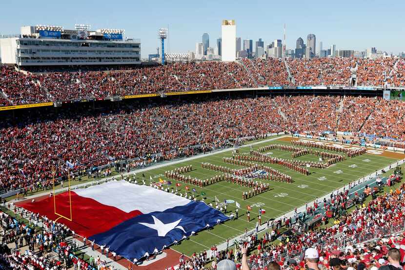 The Texas Longhorns band performs before the 2019 Red River Showdown between Texas and the...