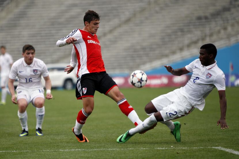 Lucas Boye (9) of the boys U-19 Club Atletico River Plate of Argentina moves the ball...