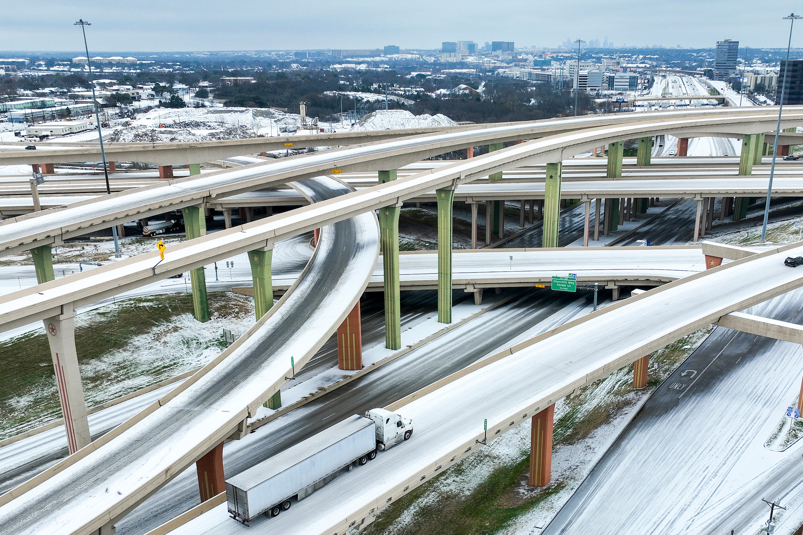 An icy mix covers the High Five Interchange at US 75 and I-635 on Tuesday, Jan. 31, 2023, at...